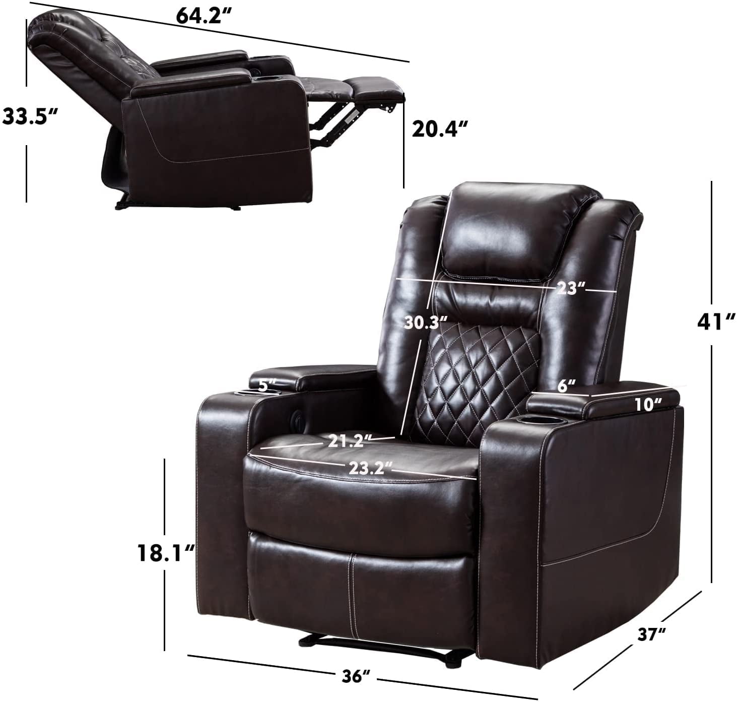 Bonzy Home Electric Recliner Chair, Leather Home Theater Seating, Living Room Chair with USB Ports and Cup Holders Brown