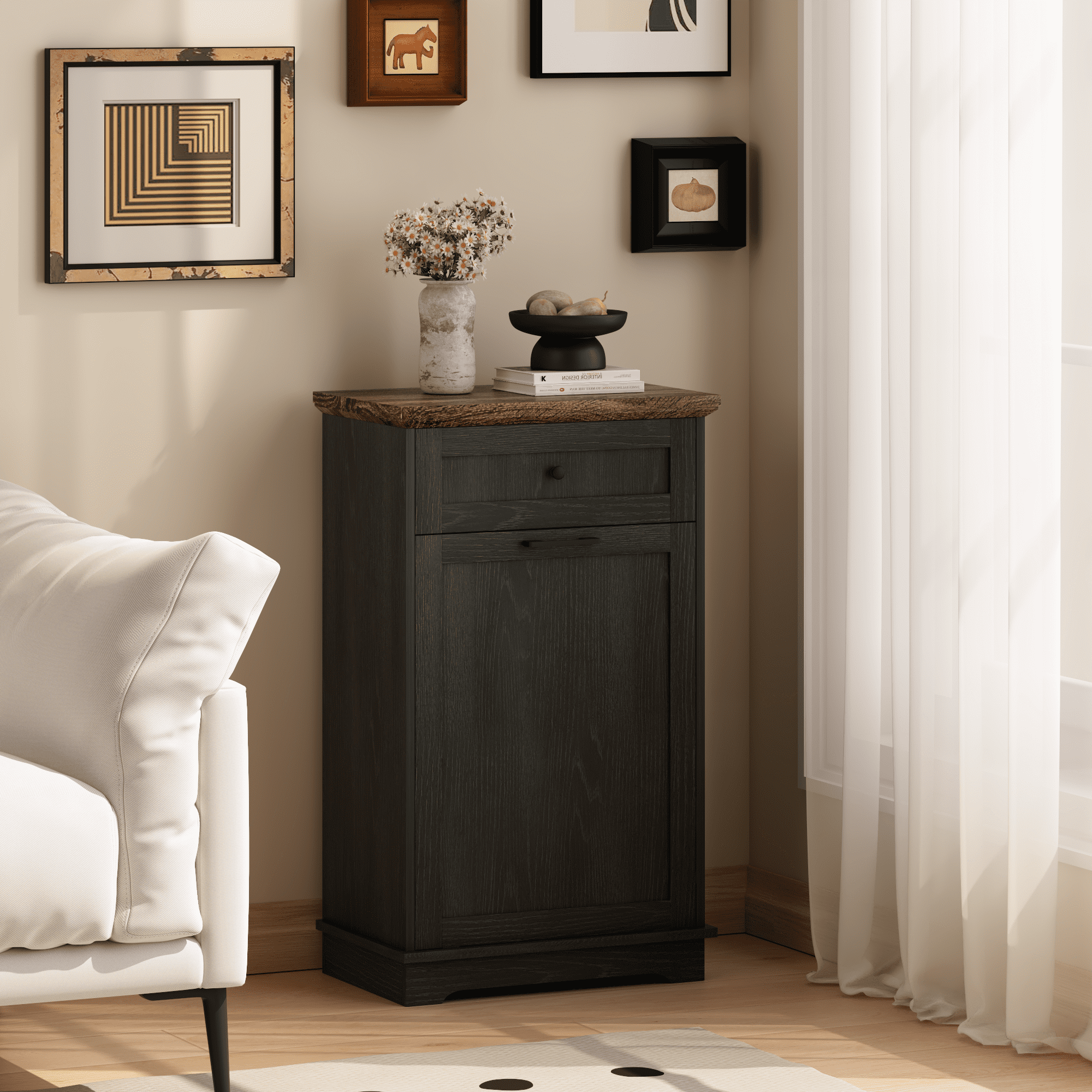10 Gallon Tilt Out Trash Cabinet Freestanding Trash Bin Cabinet Wood Garbage Recycling Cabinet with Hideaway Drawer Pet Proof Trash Can Holder for Kitchen Living Room, Antique Black (not include can)