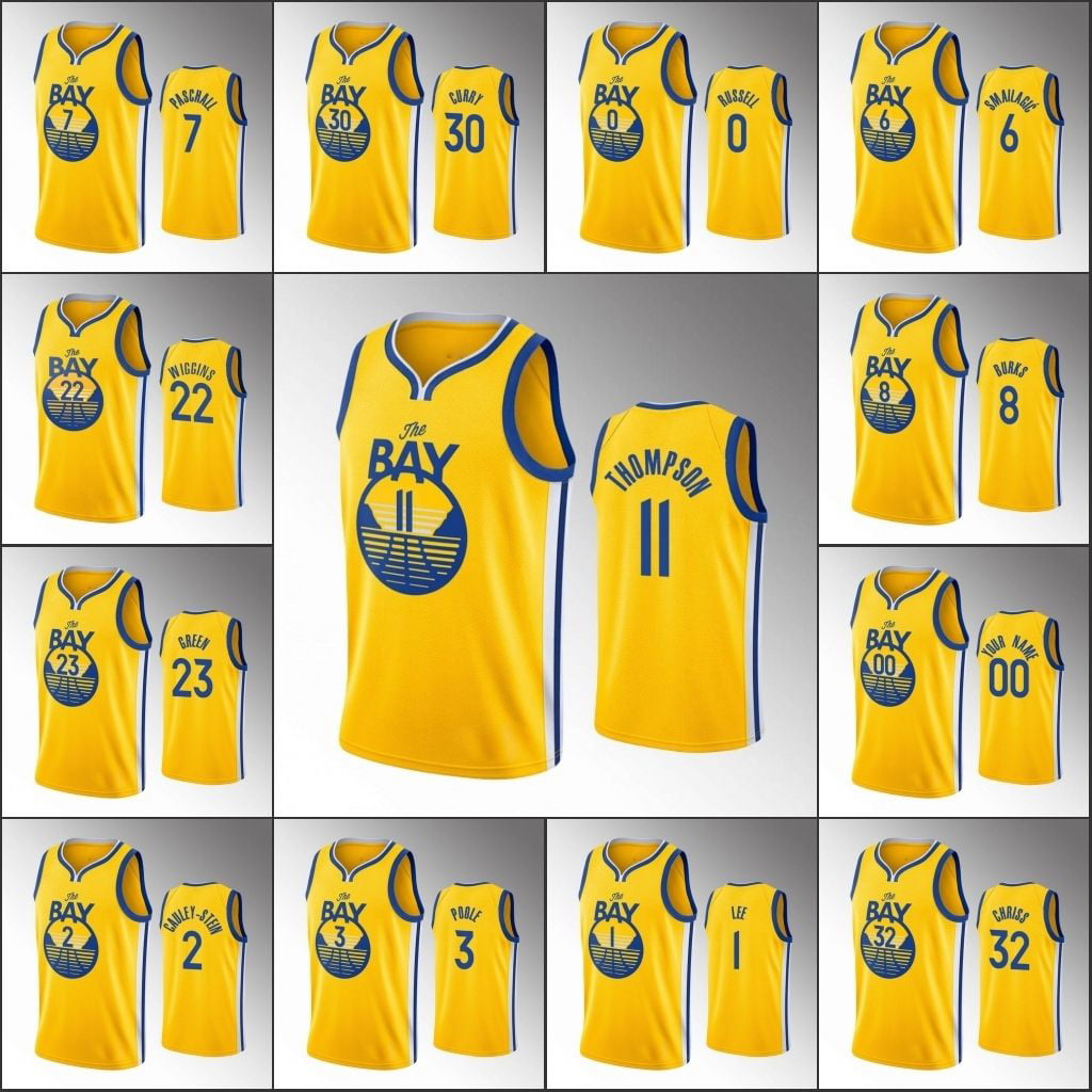 NBA_ Jersey Golden State''Warriors''Men Stephen Curry Klay''Thompson Andrew  Wiggins Yellow Statement Custom Jersey 