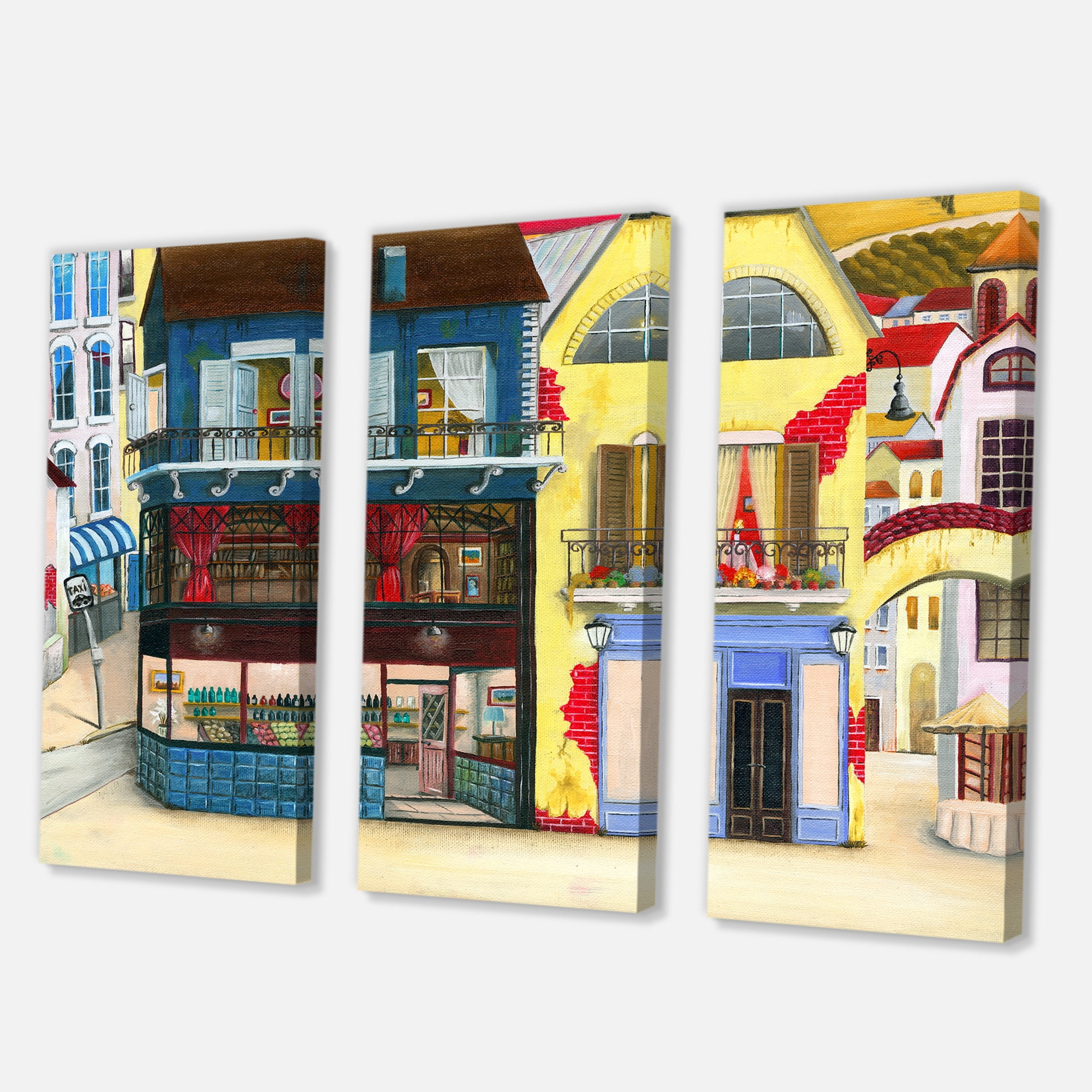 Designart ' The Colorful Facade of The Buildings In A Cozy Streets ' French Country Canvas Wall Art Print