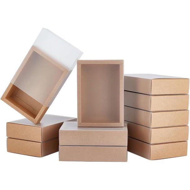 12 cajas de regalo de cartón kraft marrón con cajón, caja de plástico translúcido con tapa y ventana esmerilada de PVC.