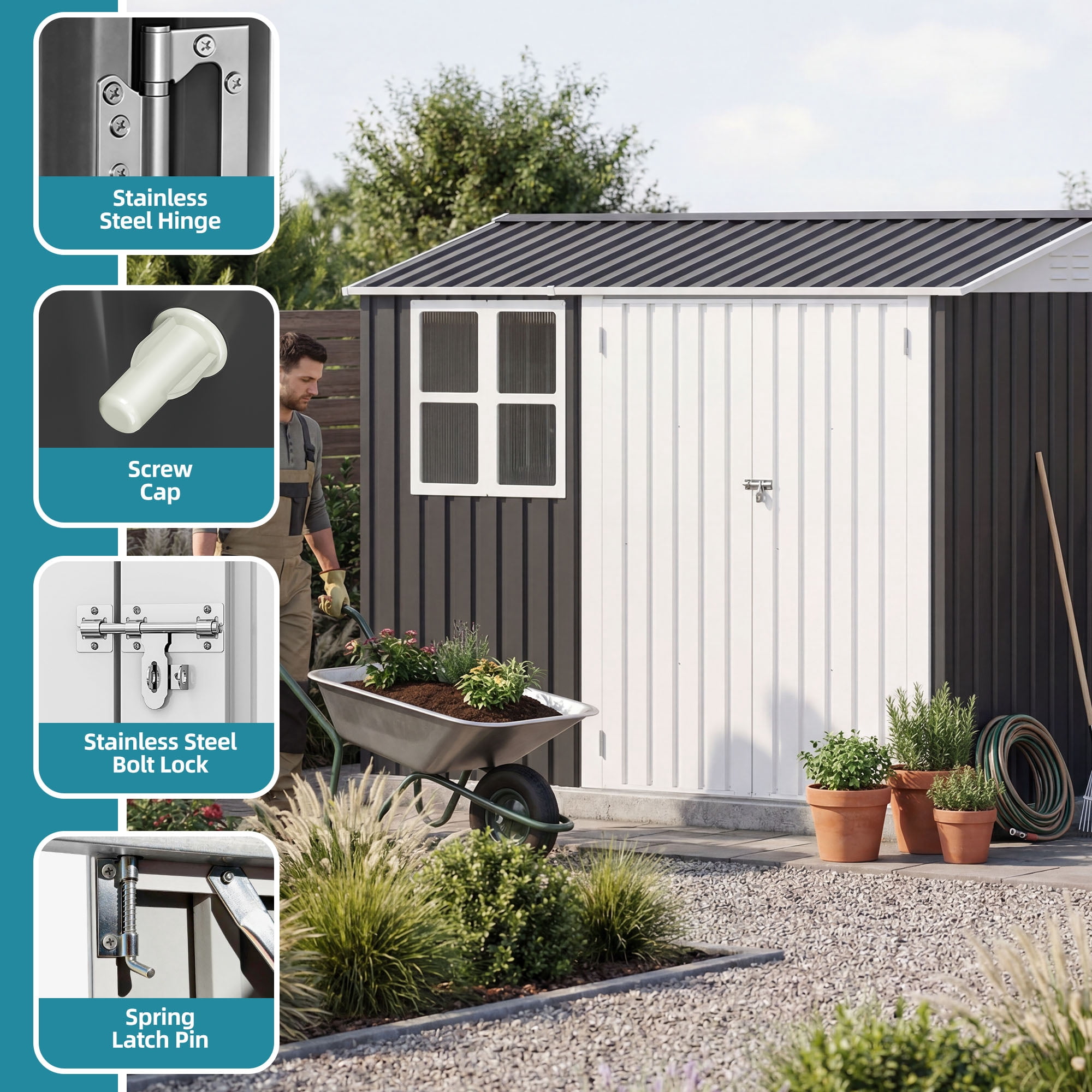 Uforic Metal Outdoor Storage Shed, 8x6ft Steel Tool Shed with Window, Lockable Door and Sloped Roof, for Backyard Patio Garage Lawn, Gray and White