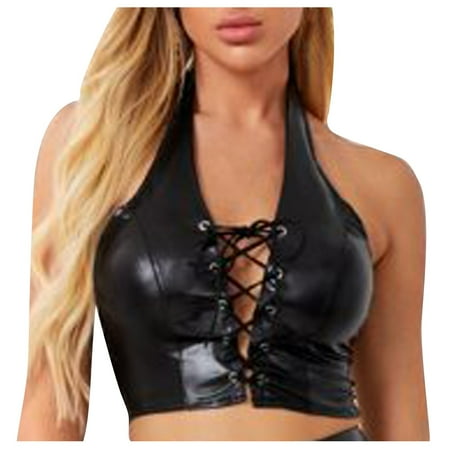 

DNDKILG Womens Sexy Halter Wireless Bralette Wireless Leather Bra Seamless Wireless Comfort Bra Black M