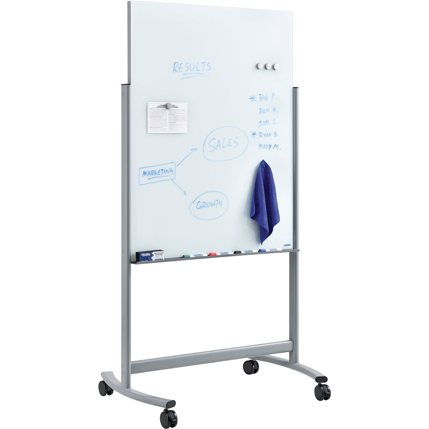 Mobile Double Sided Glass White Board, 36"W x 48"H