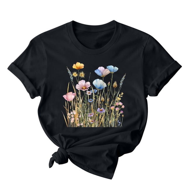 RKSTN T-Shirts Graphiques pour Femmes Mode Imprimé Floral Manches Courtes Col Rond T-shirt Cadeaux Fête des Mères Coupe Ample Décontractée Tops d'Été Polyvalents