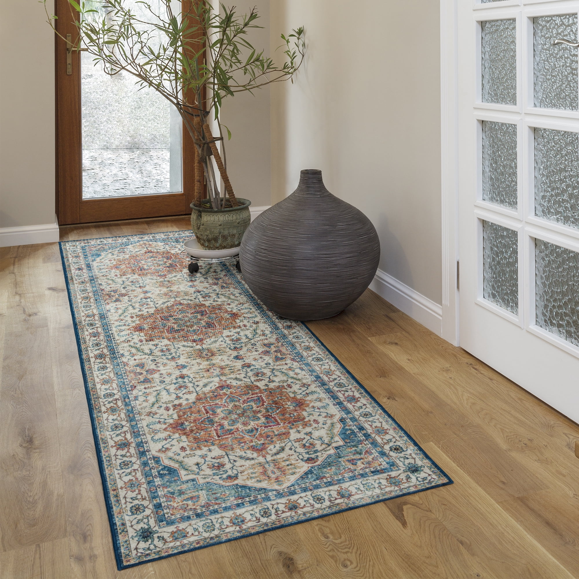Crystal Print Soha Traditional Moroccan Blue Non-Slip Washable Indoor Area Rug, 2x6 Runner