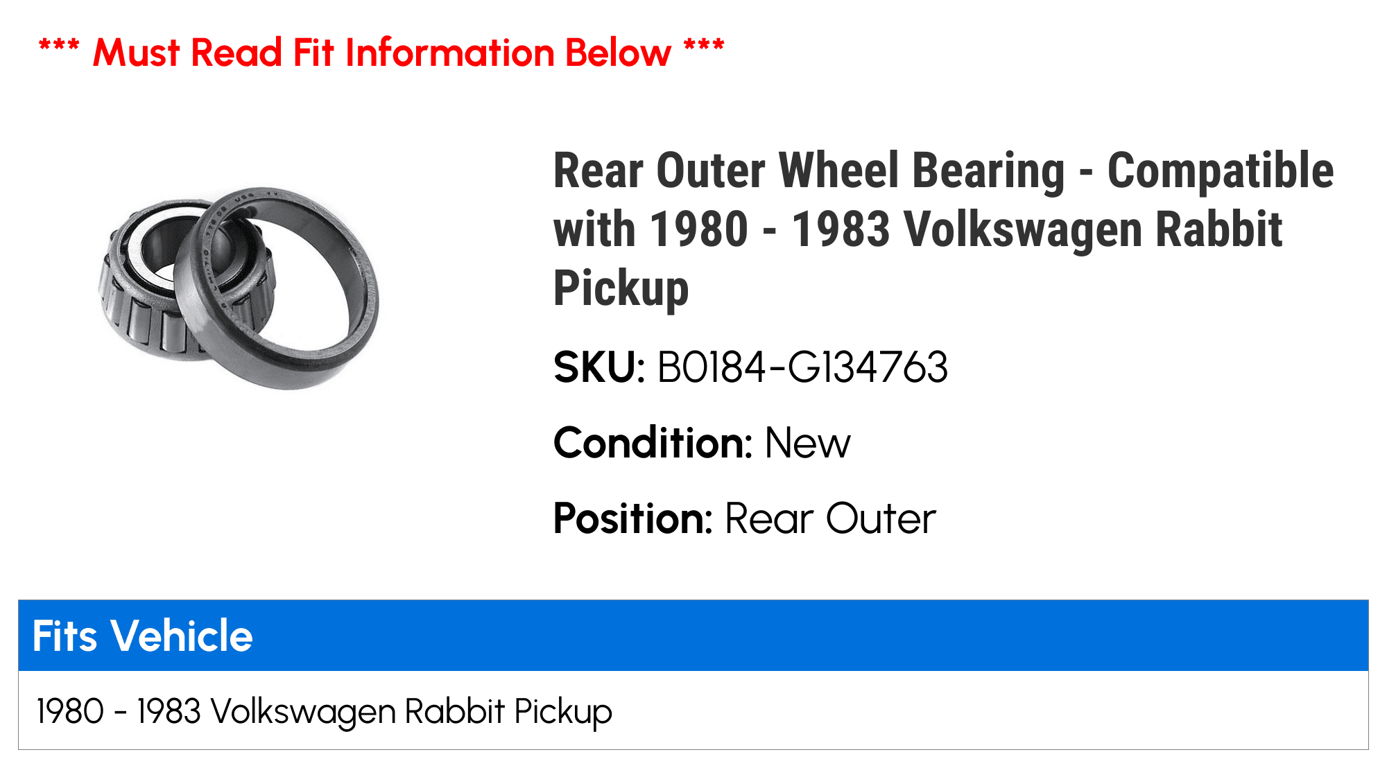 Rear Wheel Bearing & Race & Seal Kit For 1980-1983 Volkswagen Rabbit Pickup