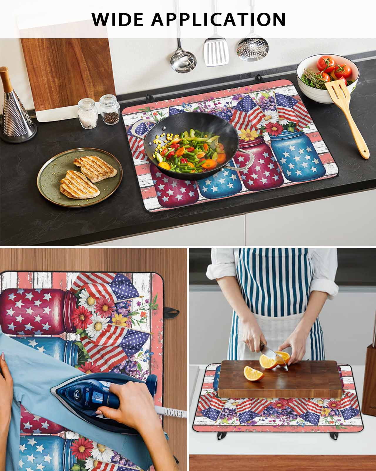 nqOlkjepod Large Induction Cooktop Protector Mat 24"x21", 4th of July Stove Top Covers for Electric Stove, Independence Day Red Striped Floral Stove Burner Cover Mats, Glass Top Stove Cover