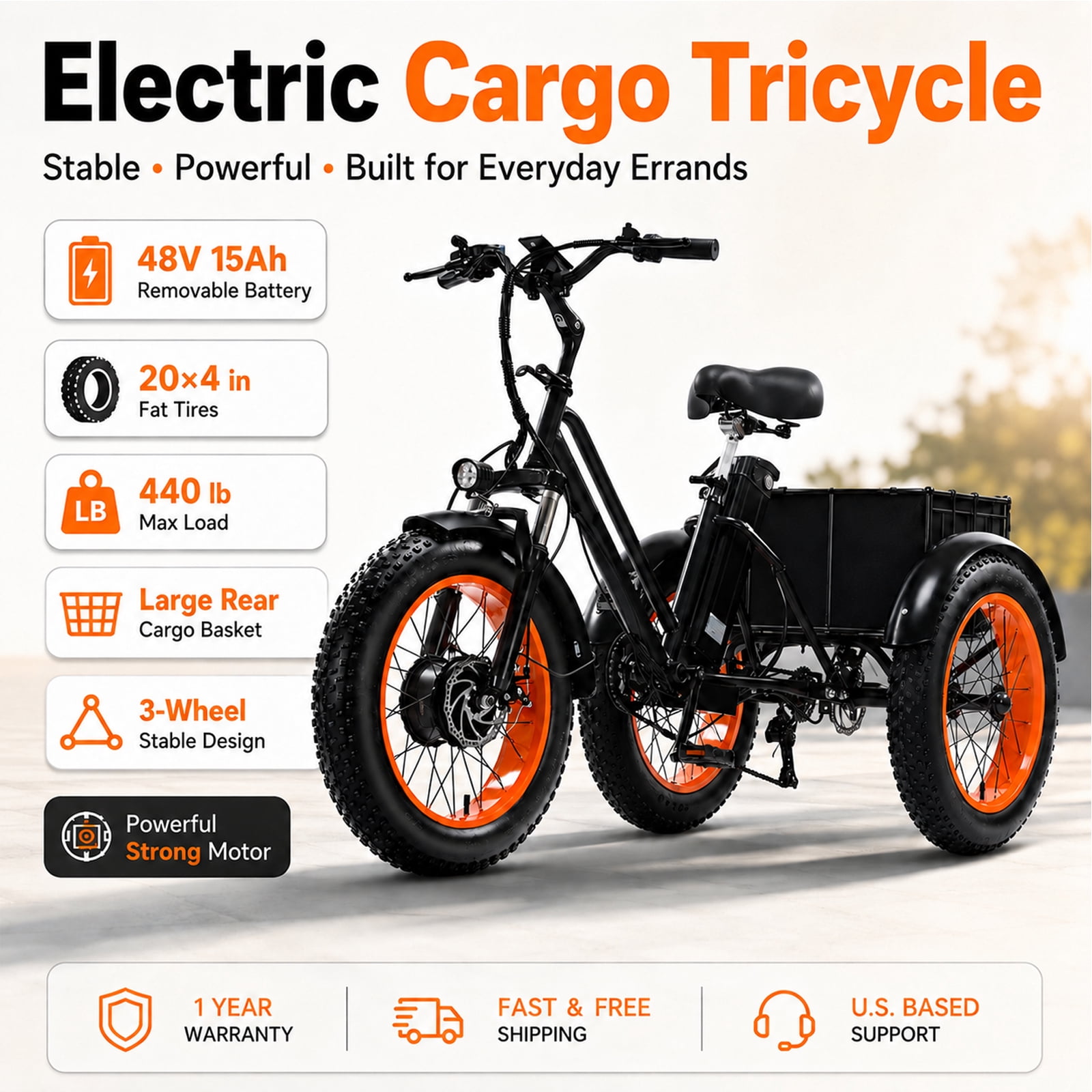 NOMIGO Electric Tricycle for Adults, 500W Motor, 48V 15Ah Battery, 20x4" Fat Tire 3-Wheel Electric Bike, 7-Speed, Rear Basket, Black