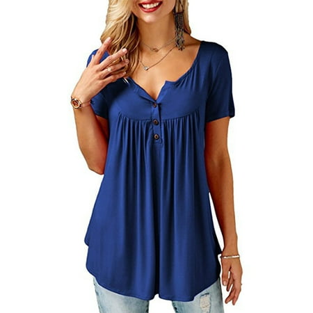JustVH Women's Solid Henley V-Neck Casual Blouse Pleated Button Tunic Shirt
