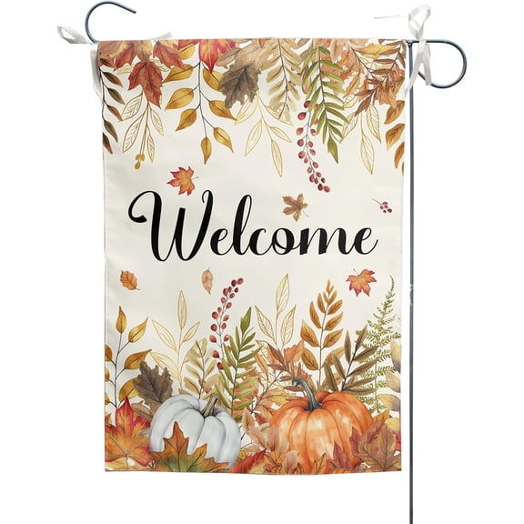 Fall Welcome Garden Flag Double Sided Autumn Harvest Thanksgiving Pumpkin Leaves Seasonal Holiday Yard Flag Outdoor Decoration 12 x 18 Inch