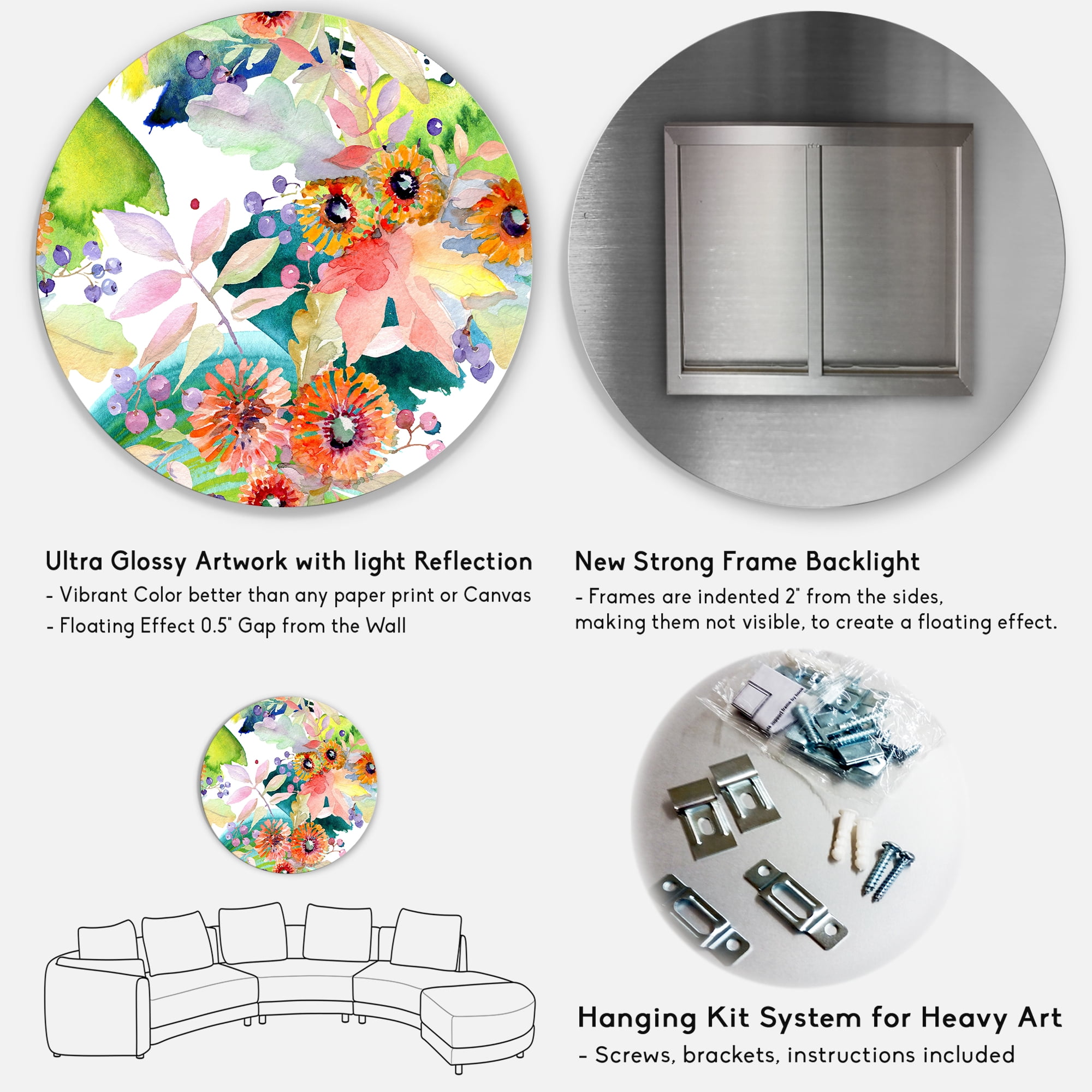 Designart 'Vital Wild Spring Leaves and Wildflowers III' Modern Circle Metal Wall Art 11x11 - Disc of 11