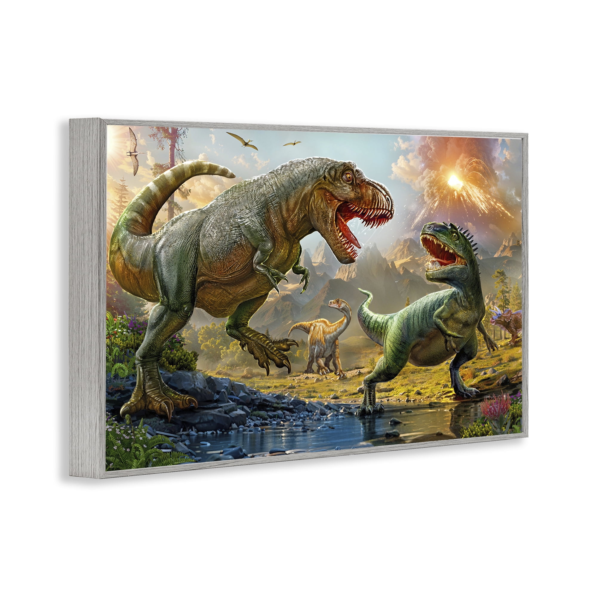 Stupell Industries T-Rex Encounter at Riverbank Gray Framed Giclee Art, design by Henriette Chinaglia