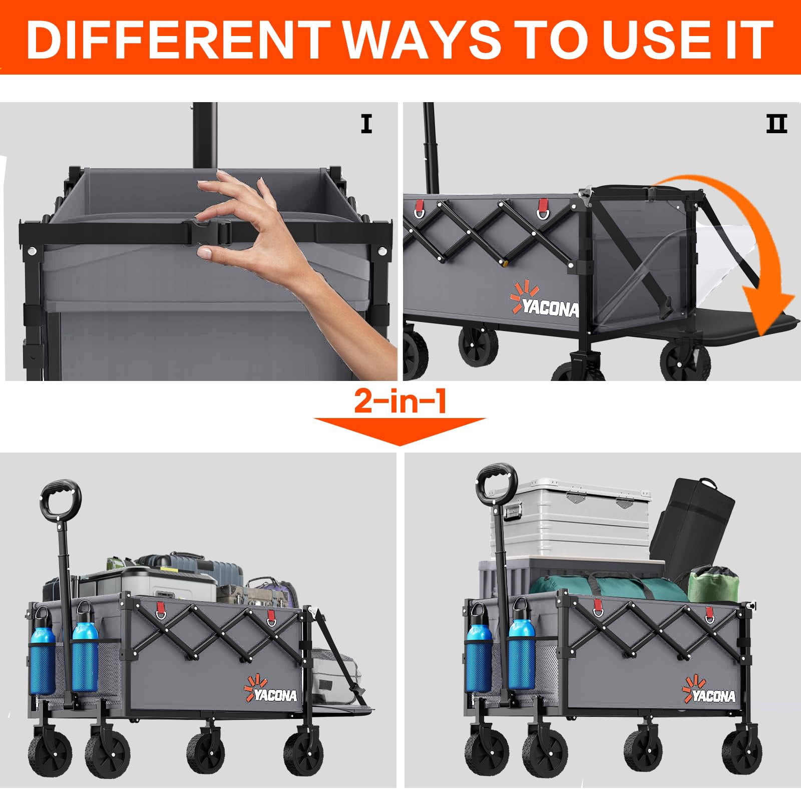 360lbs Foldable Wagon Cart with Extended Tailgate, Extra Long Folding Beach Wagon, Collapsible Cart with Wheels, for Grocery, Camp, Shop, Garden,Gray