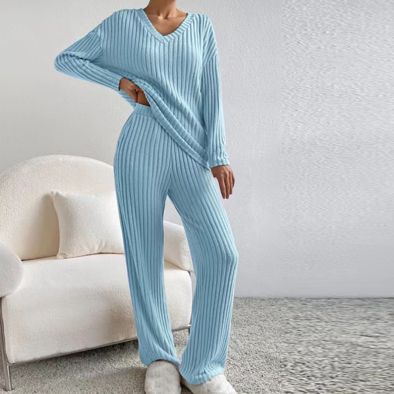 zanvin Women s 2 Piece Outfits Casual V Neck Knit Wide Leg Sweater Lounge Set Sweatsuit Blue L Walmart