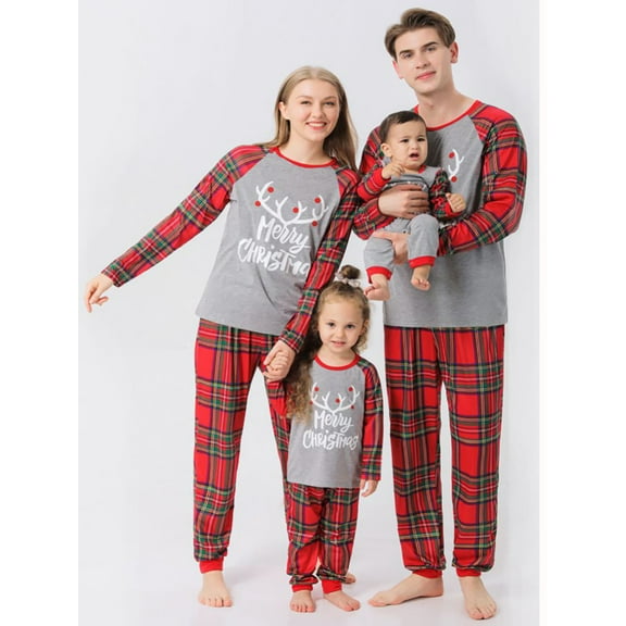 BULLPIANO Matching Family Pajamas Sets Christmas PJ's with Letter and Plaid Printed Long Sleeve Tee and Bottom Loungewear