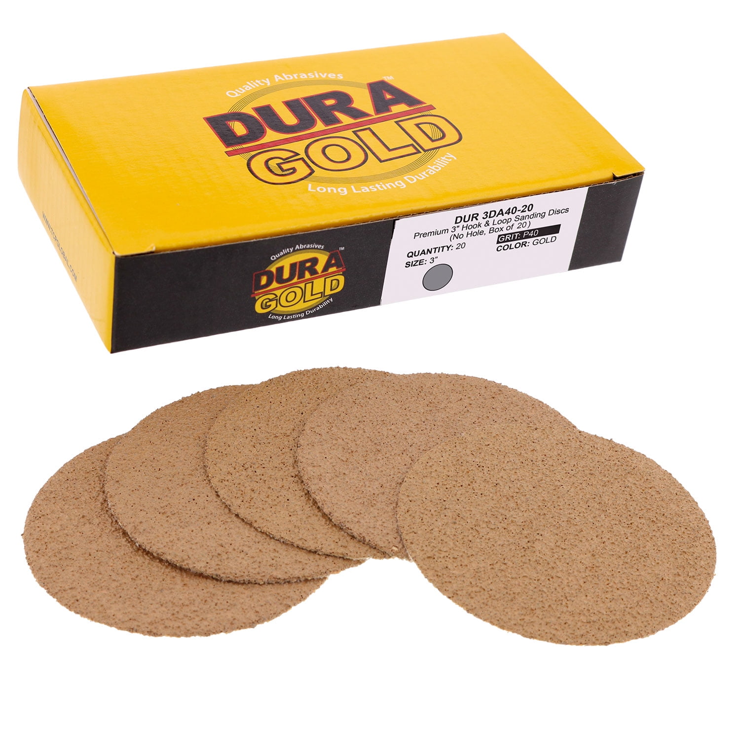 40 Grit Sand Automotive Car Paint Woodworking Wood - Hook & Loop Backing Sandpaper Discs for DA Orbital Sanders Finishing Coarse-Cut Abrasive Box of 25 Dura-Gold Premium 6 Gold Sanding Discs