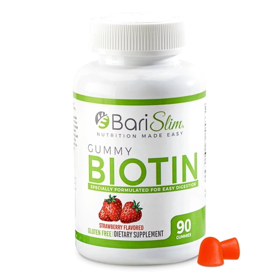 BariSlim Biotin Gummies 5000 mcg, Strawberry, 90 Count, Hair Skin & Nail Support, Adults