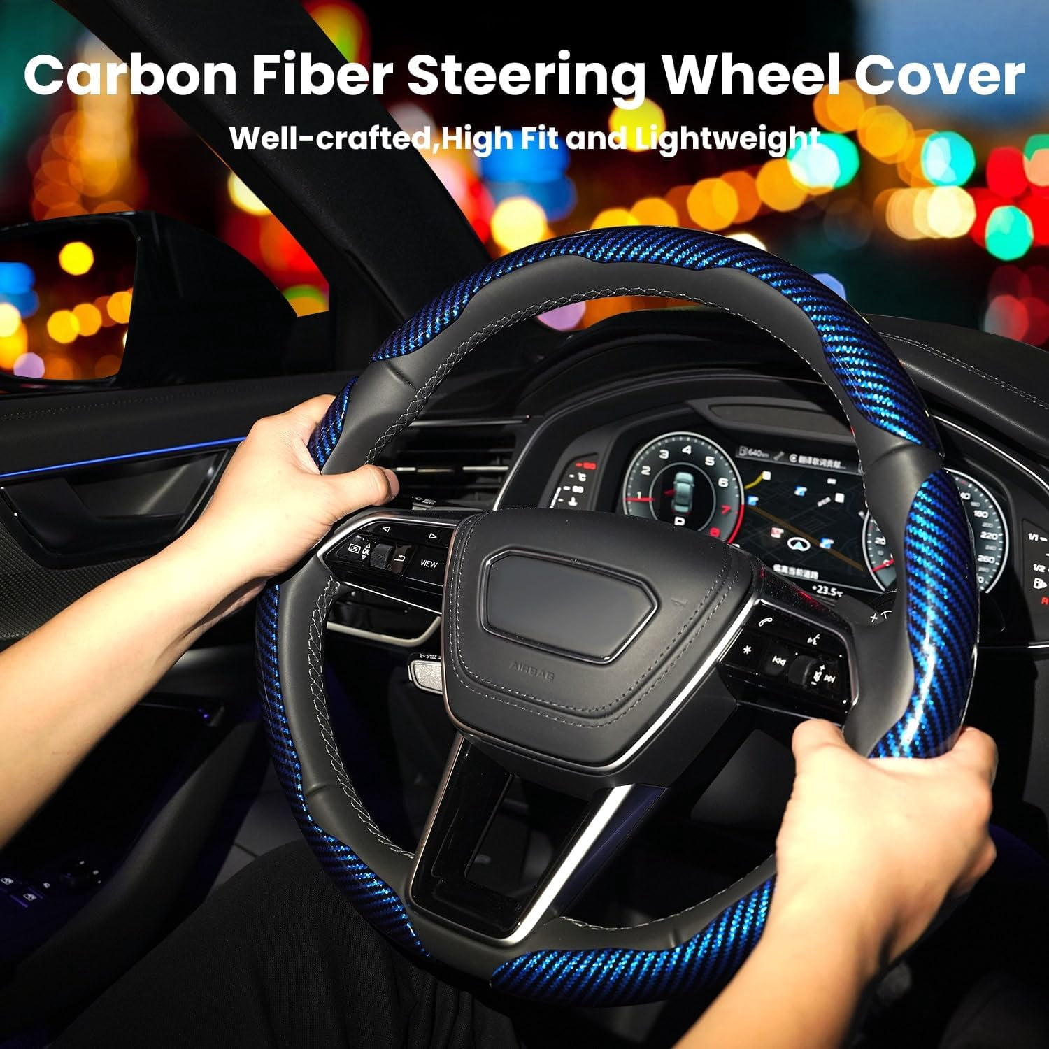 Carbon Fiber Steering Wheel Cover 3PCS Set – Anti-Slip, Scratch-Resistant, Universal Fit for 14–16 Inch Wheels – Interior Car Accessories for Cars, SUVs, Trucks (Blue)