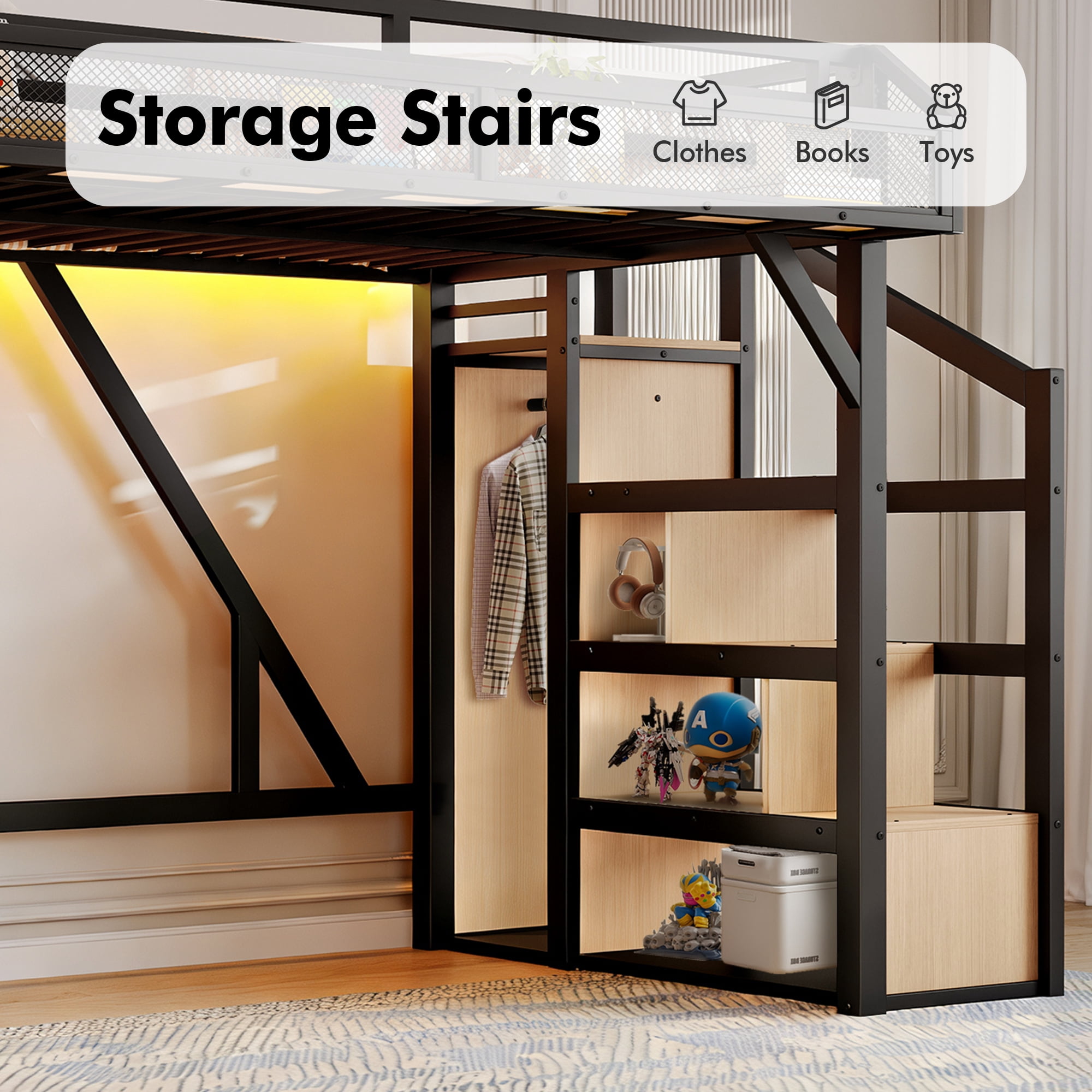 Aukfa Twin XL Metal Loft Bed with Storage Stairs, Shelves, Wardrobe, USB Ports & LED Lights, Heavy-Duty Bed Frame for Adults & Kids, Black