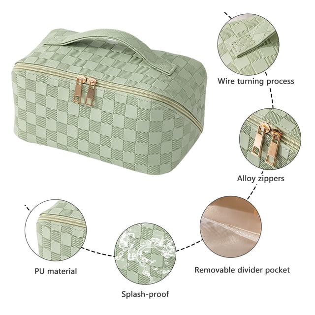 Bolsa de cosméticos de PU Caja de maquillaje a cuadros de gran capacidad para regalos de vacaciones (verde) Tmvgtek Cuidado Belleza