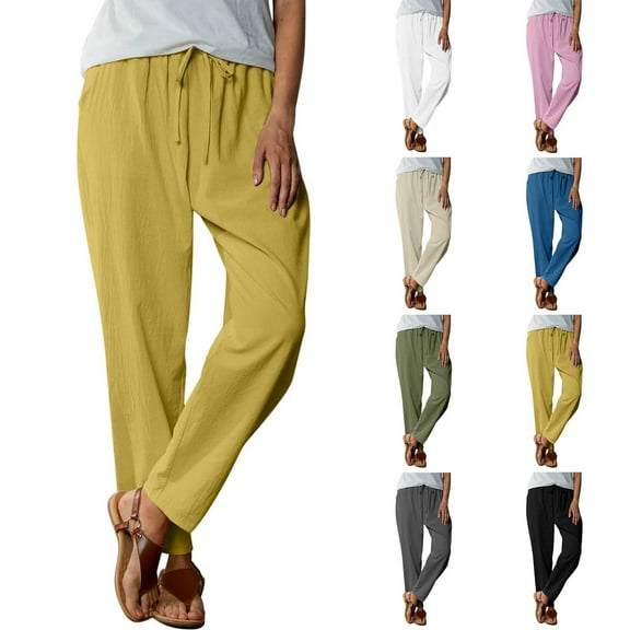 Horkkom Linen Pants Women Casual Comfy Cotton Pants Drawstrings Straight Leg Pants with Pockets Solid Color Elastic Waist Pants