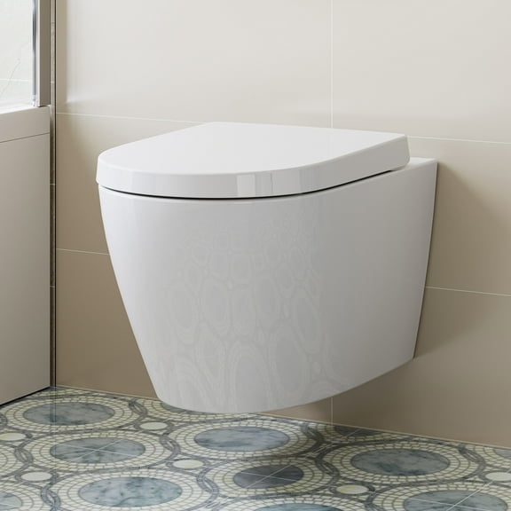 HOROW Wall Hung Toilet,with Soft Closing Seat,Round Floating Bowl, Rear Outlet Space Saving,White