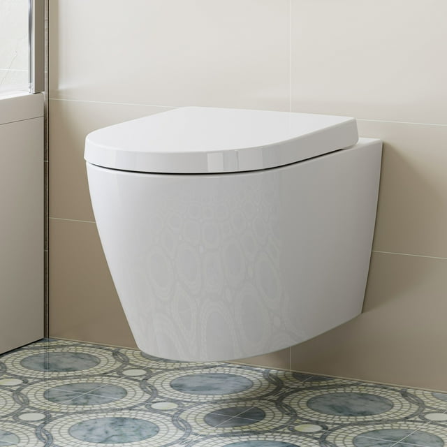 HOROW Wall Hung Toilet,with Soft Closing Seat,Round Floating Bowl, Rear Outlet Space Saving,White