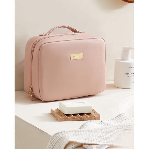 Travel Makeup Bag,Large Capacity Cosmetic Bags for Women,Waterproof Portable Pouch Open Flat Toiletry Bag Make up Organizer with Divider and Handle