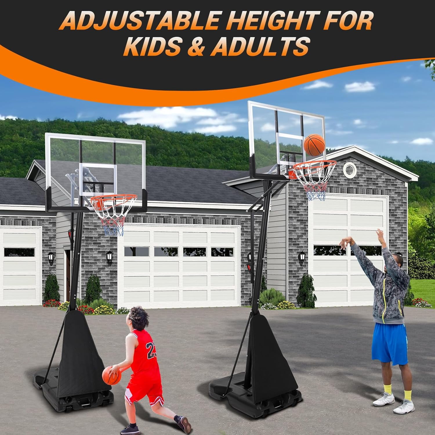 Lumiparty Basketball Hoop Outdoor 5.2-10Ft Portable, 47 Inch Shatterproof Backboard, Quick Adjustable Basketball Goal System for Adults in Swimming Pool Driveway Backyard, Black