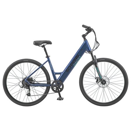 Schwinn 700c Wanderlust Hybrid Electric Bike for Adults, 7 Speeds, 250w Motor, Blue Ebike with Throttle