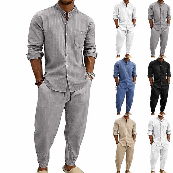 VBTAPA Men 2 Piece Outfits Long Sleeve Casual Button Down Shirt and Pants Sets Summer Beach Vacation Matching Set Khaki XL