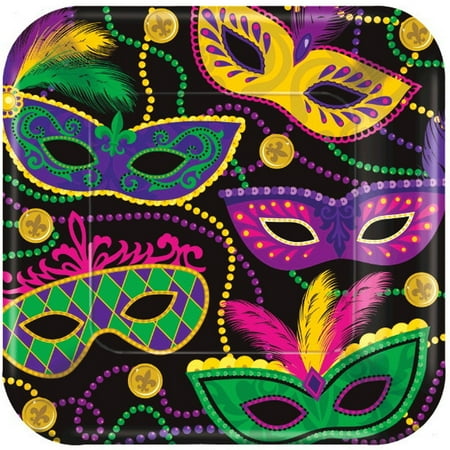Colorful Mardi Gras Masks Beads 8 ct 10" Dinner Plates Paper Square