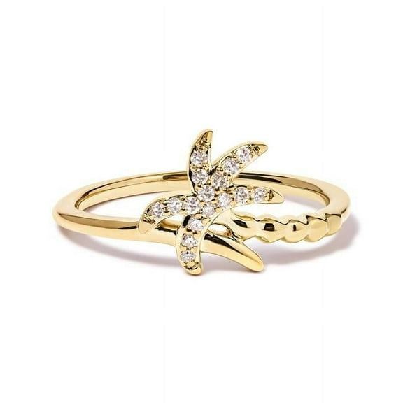 10K Yellow Gold 0.1 CTTW Diamond Palm Tree Statement Ring, H-I Color - I1-I2 Clarity - Ring Size 8