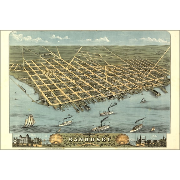 24"x36" Gallery Poster, birdseye view map of Sandusky, Ohio 1870