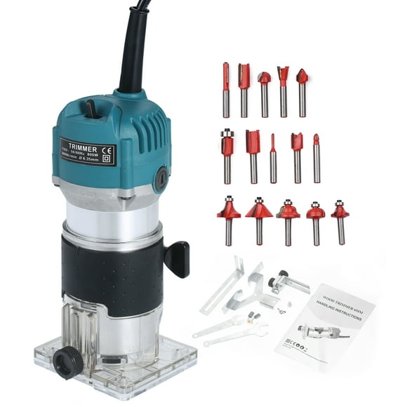 Mistaha 110V Woodworking Electric Trimming Machine Set with 15pcs 1/4'' Milling Cutters - Blue Aluminum Body Material - US Standard