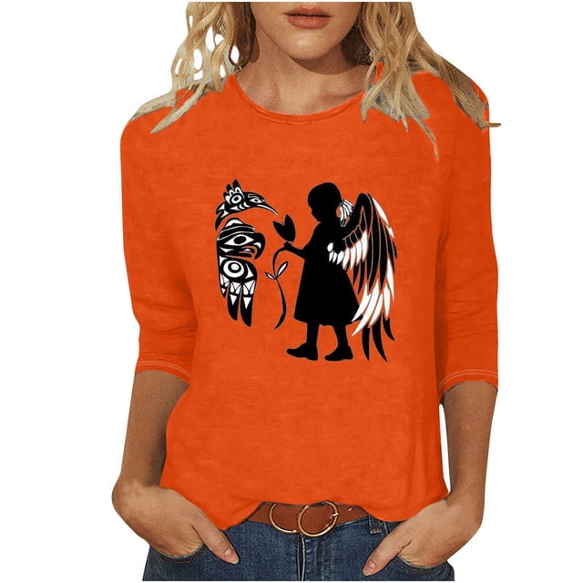 QTOCIO 3/4 Hauts à Manches pour Femmes, Hauts d'Été à Manches 3/4 pour Femmes, Chemise Orange pour Dames Mode Japonaise Imprimée Col Rond T-shirt Ample