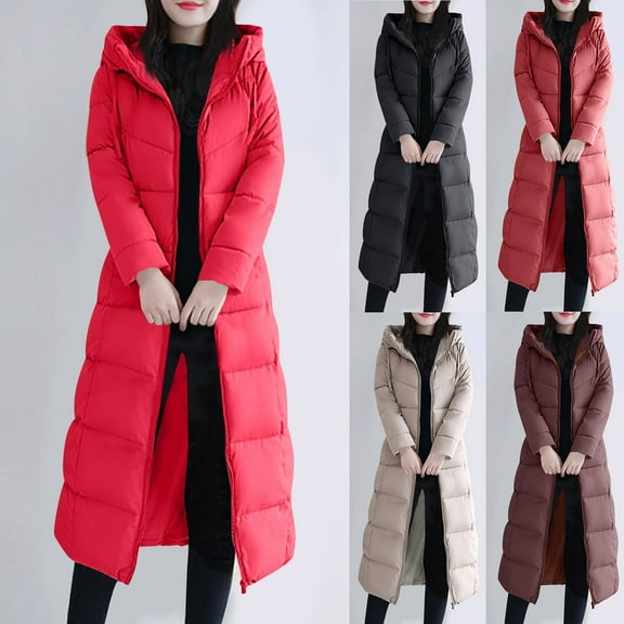 Qetyuw Womens Long Puffer Coat Winter Warm Full Zip Up Down Coats Chunky Casual Parka Hooded Jackets