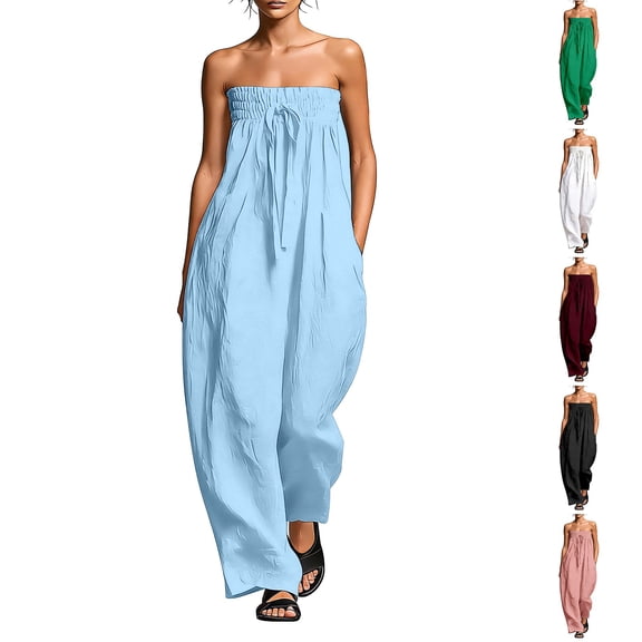 Women's Strapless Tube Jumpsuit, Adjustable Tie Front Bodice Wide Leg Outfit, Cotton Linen Blend Summer Casual Beachwear, Resort and Vacation Jumpsuit for Women​-Black
