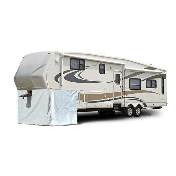 Adco Fifth Wheel Skirt 3501 236 Inch Length x 64 Inch Height; Polar White; Laminated Vinyl; With Zipper Doors For Storage Access; Includes Skirting/Screw-In Fasteners And Tent Spikes; Snap Mount