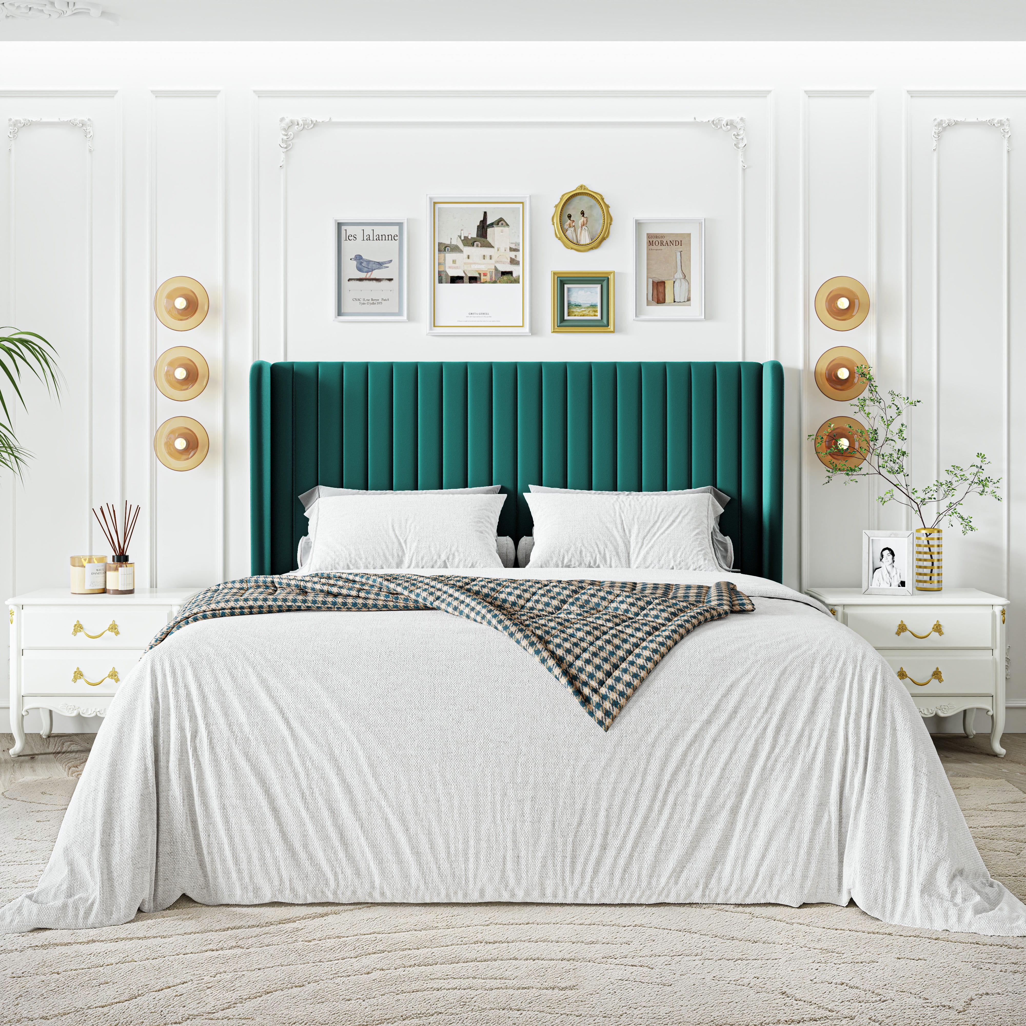 Sha Cerlin Full Size Upholstered Platform Bed Frame with Velvet Channel Wingback Headboard, Lake Blue
