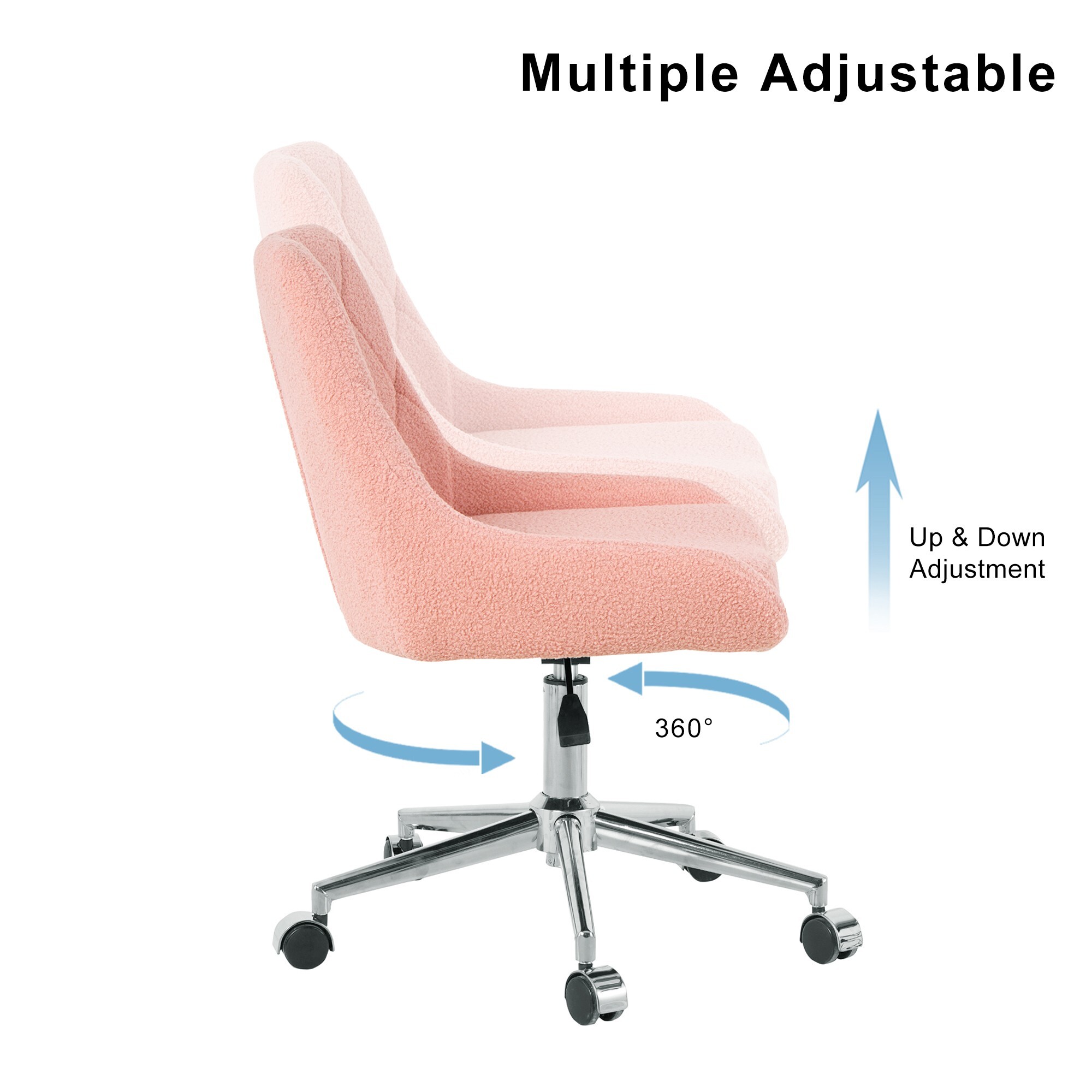 AENKYO Teddy Fabric Desk Chair, Ergonomic Swivel Computer Chair with Adjustable Height, Comfy Task Chair for Home Office, Pink