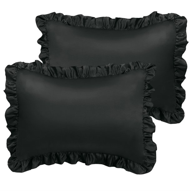 PiccoCasa 2pcs Satin King Size Pillowcase 20x36 inch + 3 inch Ruffled Black