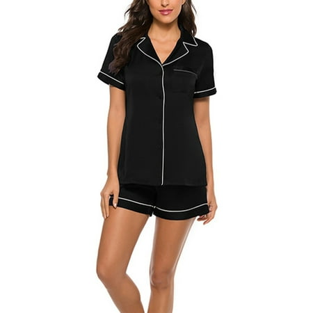 

Welliumy Women Lounge Sets Lapel Pajamas Set Short Sleeve Sleepwear Elastic Waist Sleep 2 Piece Outfits Black M