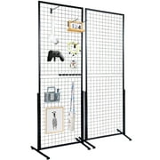 SKYSHALO 2 Packs 2' x 5.6' Grid Wall Panels Tower Wire Gridwall Display Racks with T-Base Floorstanding Double Side Gridwall Panels for Art Craft Shows, Retail Display with Extra Clips and Hooks