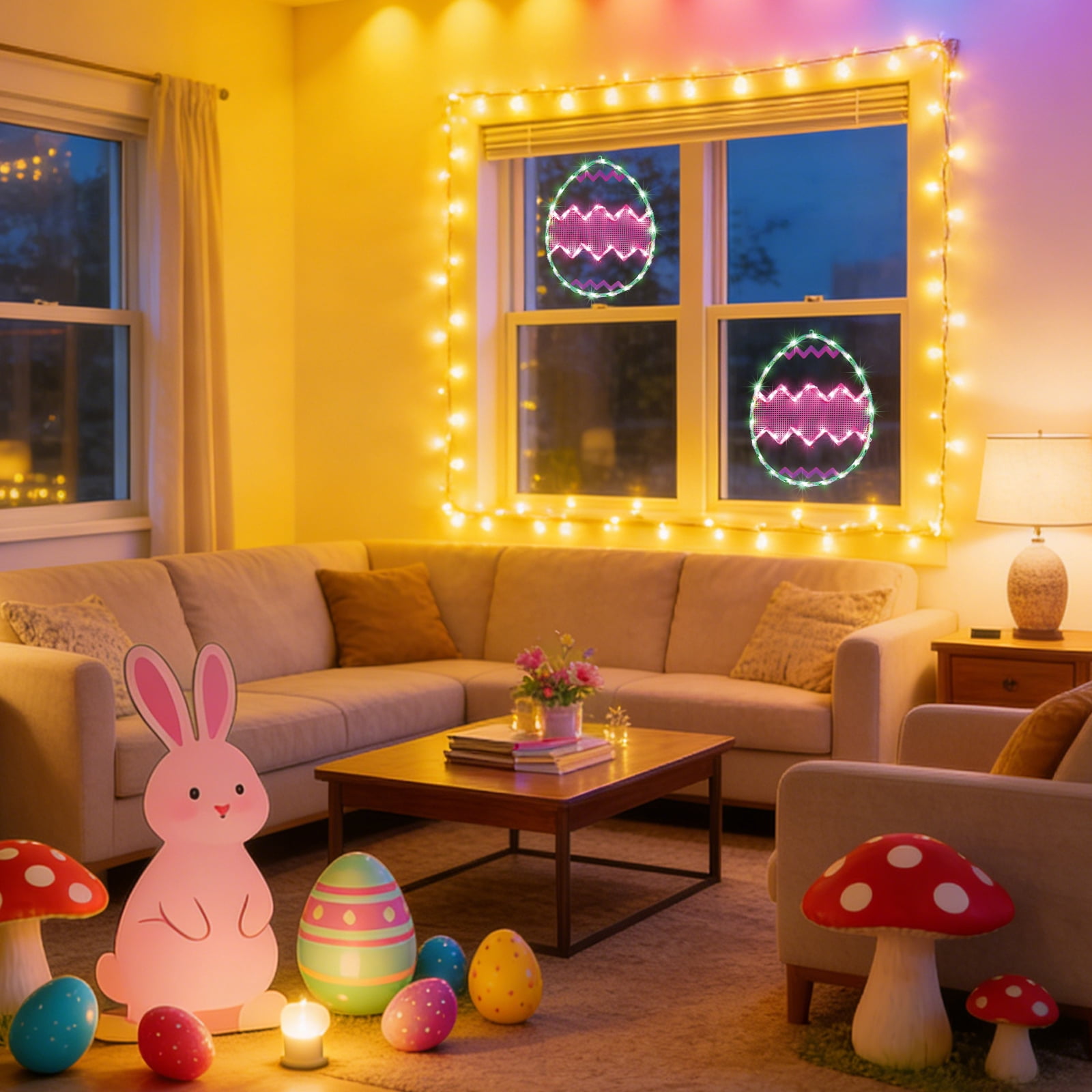 3 Pack 17 Inch Illuminated Easter Egg Window Decor, Green Background Featuring Pink Chevron Stripes