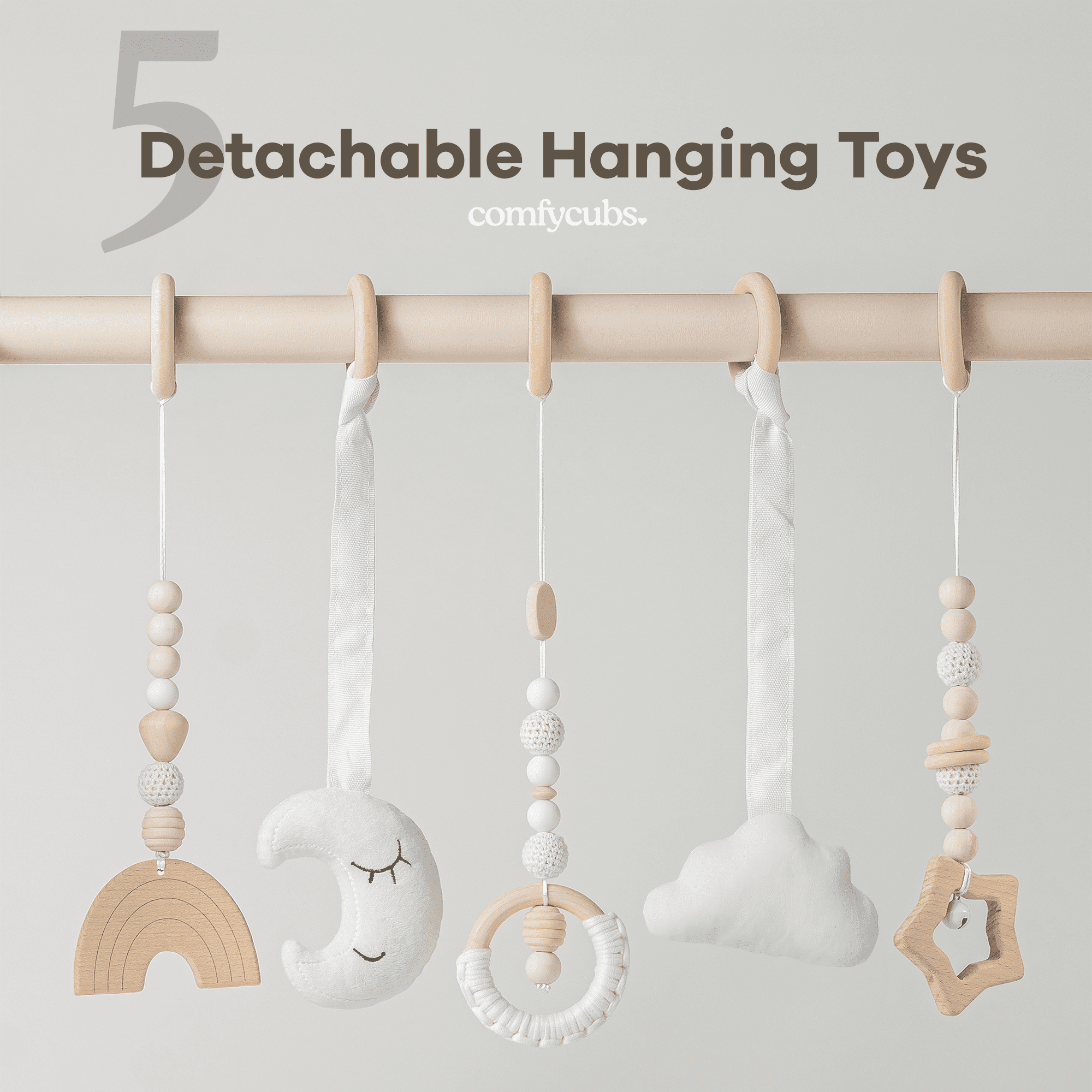 Comfy Cubs Baby Play Gym Set, Wooden Hanging Bar with Gym Toys, Foldable for Infants, Blush