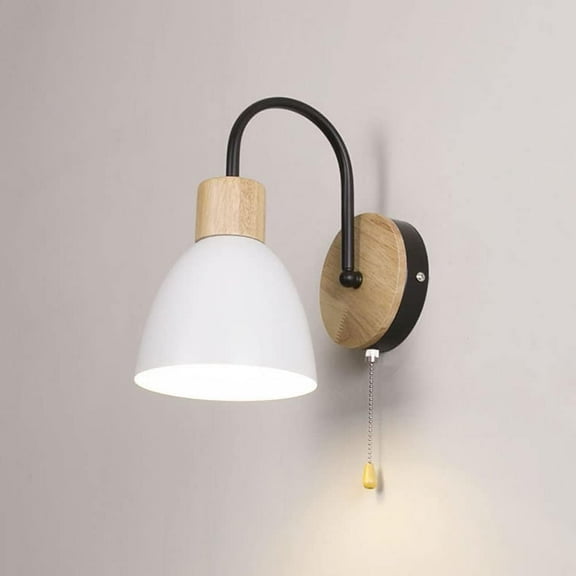 Wood Wall Sconce with Pull Chain Switch Nordic Hardwired Wall Lamp, Bedroom Bedside Wall Mount Light, Modern E27 Wall Lamps Headboard Lighting for Study Room Living Room