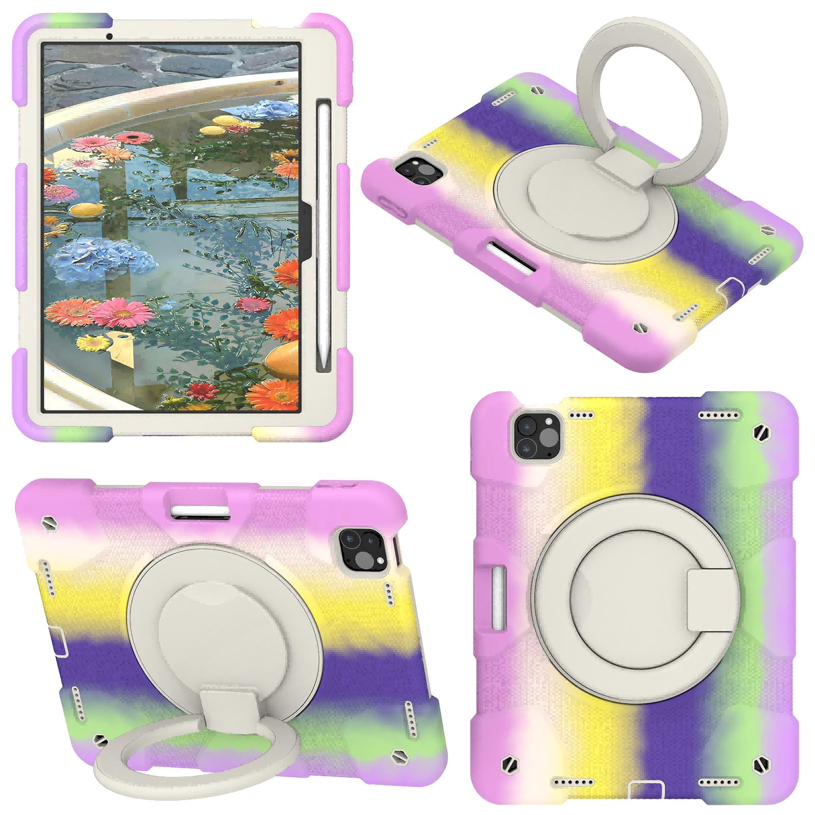 ELEHOLD Military Grade Shockproof Case For Apple iPad Air 11 (2024), Heavy Duty Protection Ring Stand Cover, Adjustable Angel, Detachable Shoulder Strap, Pencil Holder, Colorful Purple