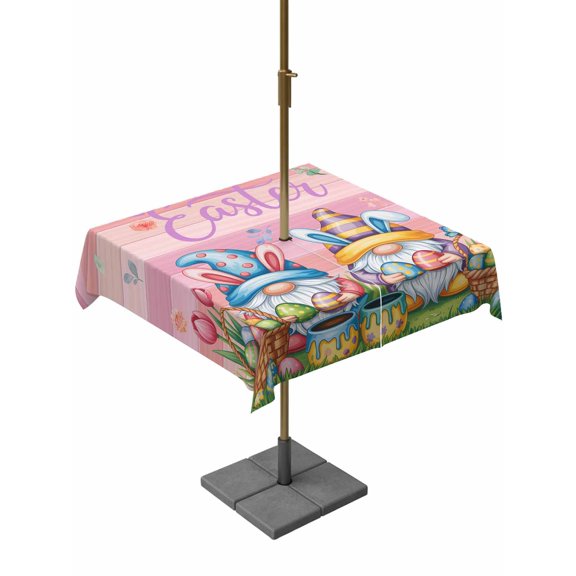 Easter Gnomes Bunnies Outdoor Tablecloth - 54x54 Inch Square Dining Table Cover, Spring Easter Eggs Floral Pink Wood Waterproof Outdoor Table Cloth with Umbrella Hole & Zipper for Picnic/Patio/Party
